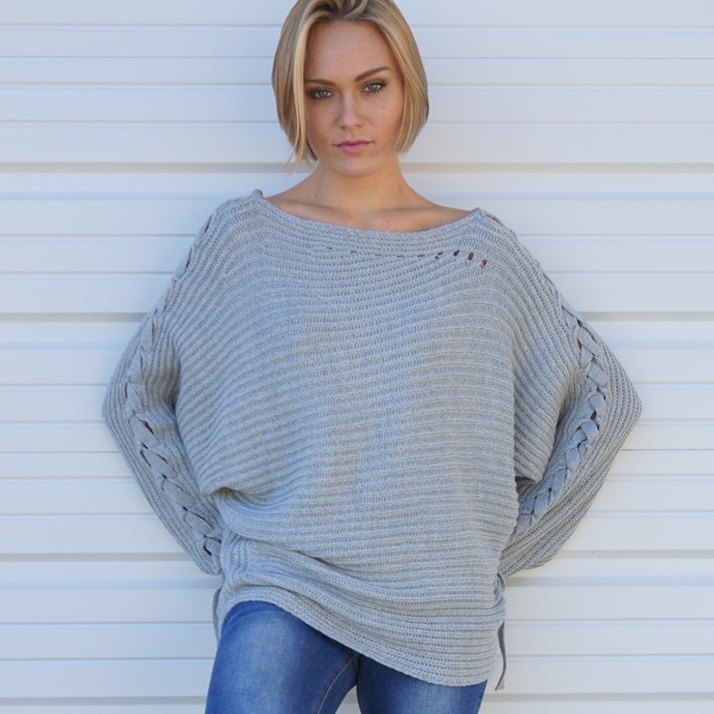 Heather Grey Oversized Lace Up Sleeve Sweater by Cotton Candy